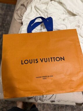 Large Louis Vuitton Orange Gift Bag with Blue Ribbon Handles